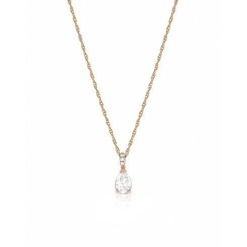 pear shaped white diamond pendant in a drop setting<br>with diamond-kissed bail and rope-style rose gold chain <span class='visuallyhidden'>Call or text 323-404-2959 if you need shopping assistance.</span>